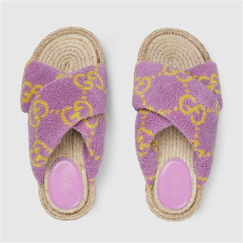 Women's GG slide sandals in purple and yellow terrycloth